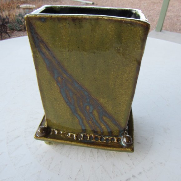Green and Black Art Deco Style Square Vase Handmade - Picture 1 of 5